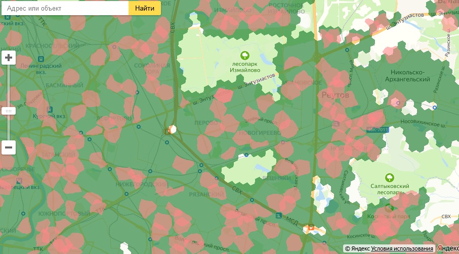 Карта локаций с зелеными и красными зонами