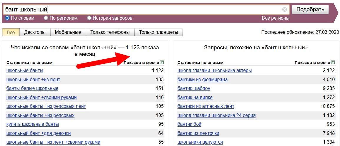 Результаты поиска в сервисе «Яндекс Вордстат» по запросу «бант школьный»