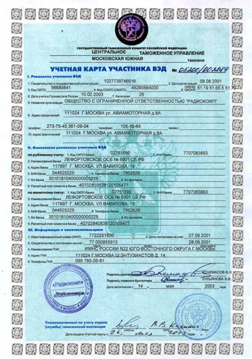 Учетная карточка участника ВЭД