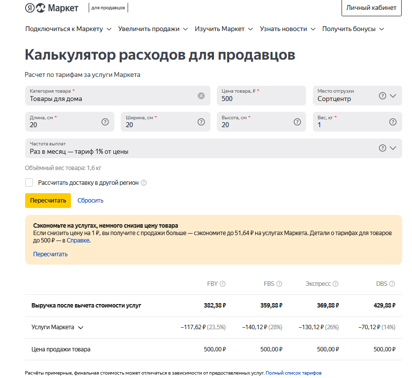Онлайн-калькулятор расходов продавцов «Яндекс Маркет»